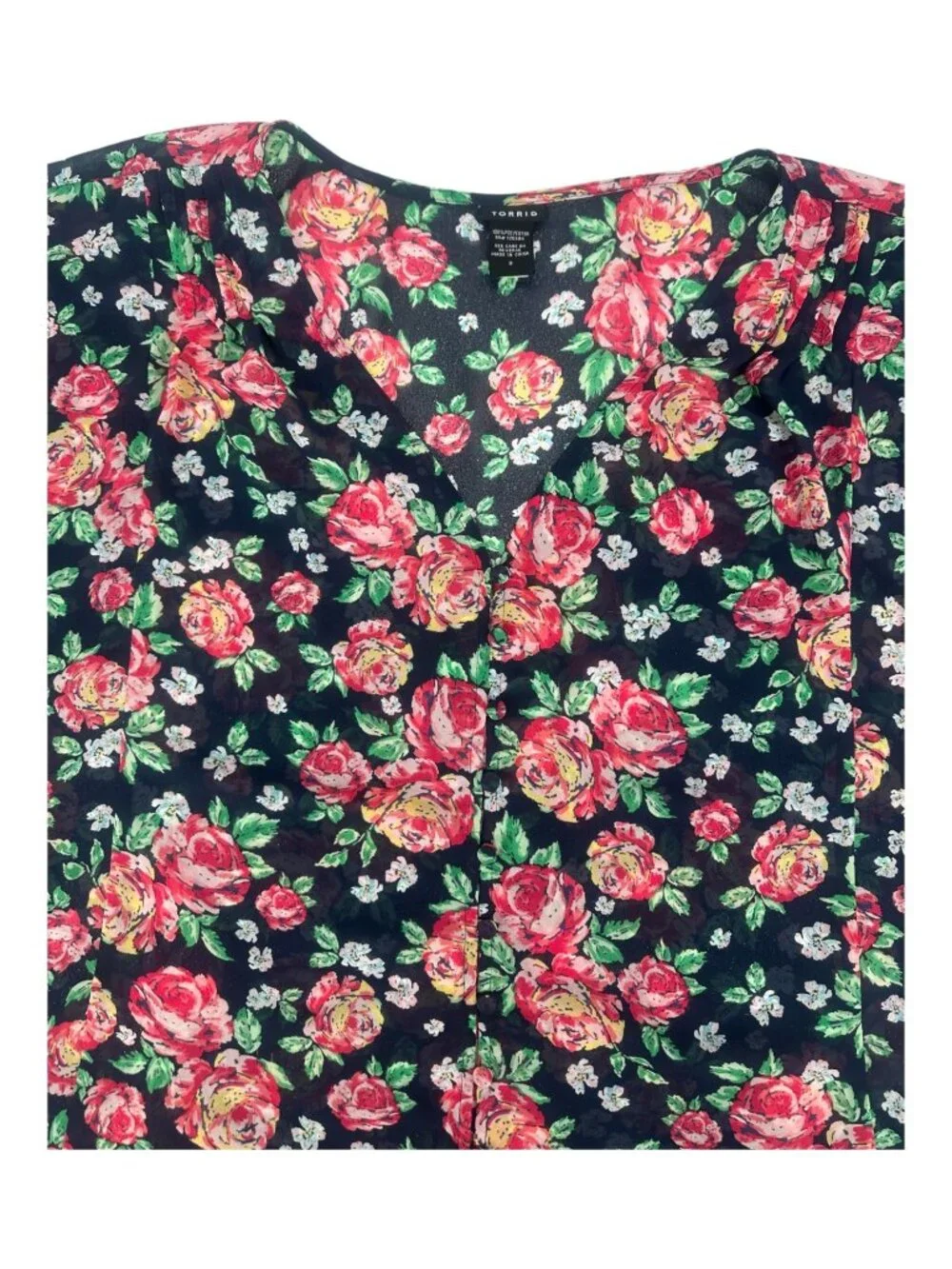 Torrid Black Pink Floral Chiffon Blouse 2X 3/4 Flutter Sleeve Whimsigoth Boho - Picture 4 of 8